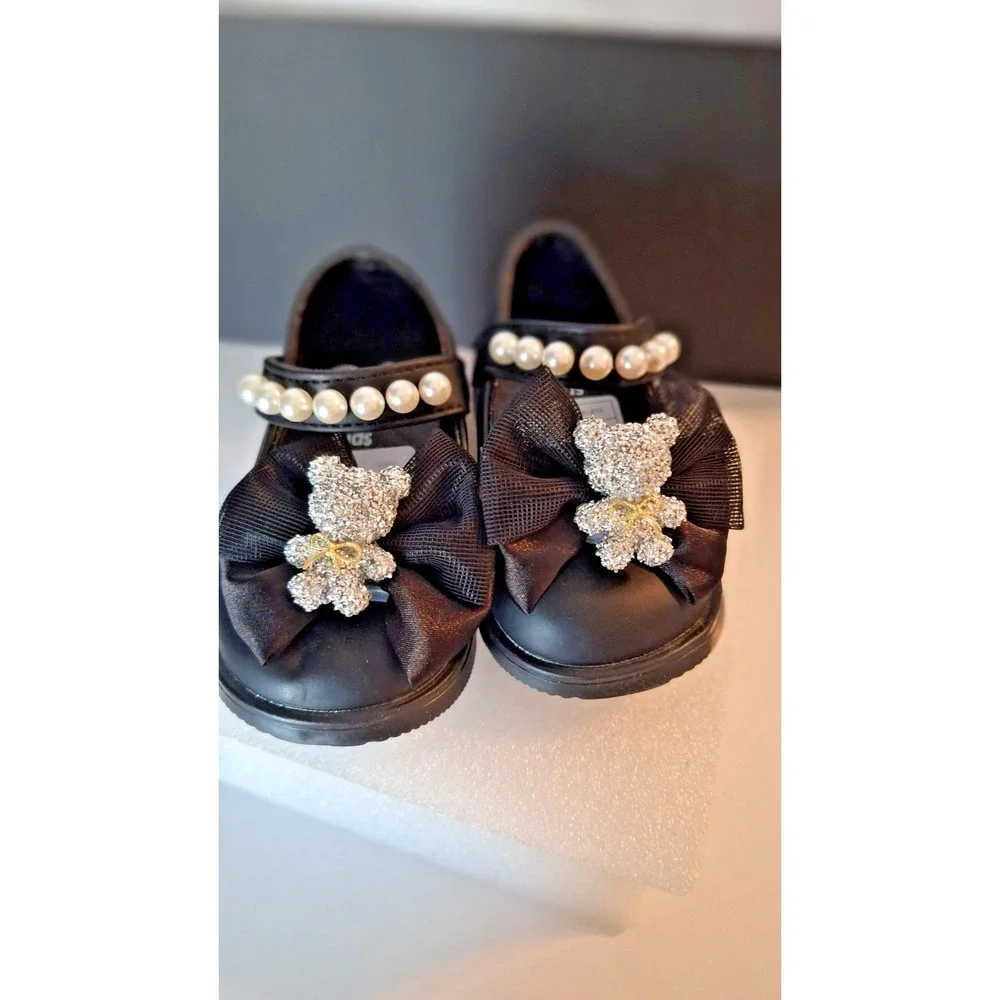 INFANT GIRLS BLACK PEARL BOW DRESS SHOES RHINESTONE BEAR SIZE 2/3  New